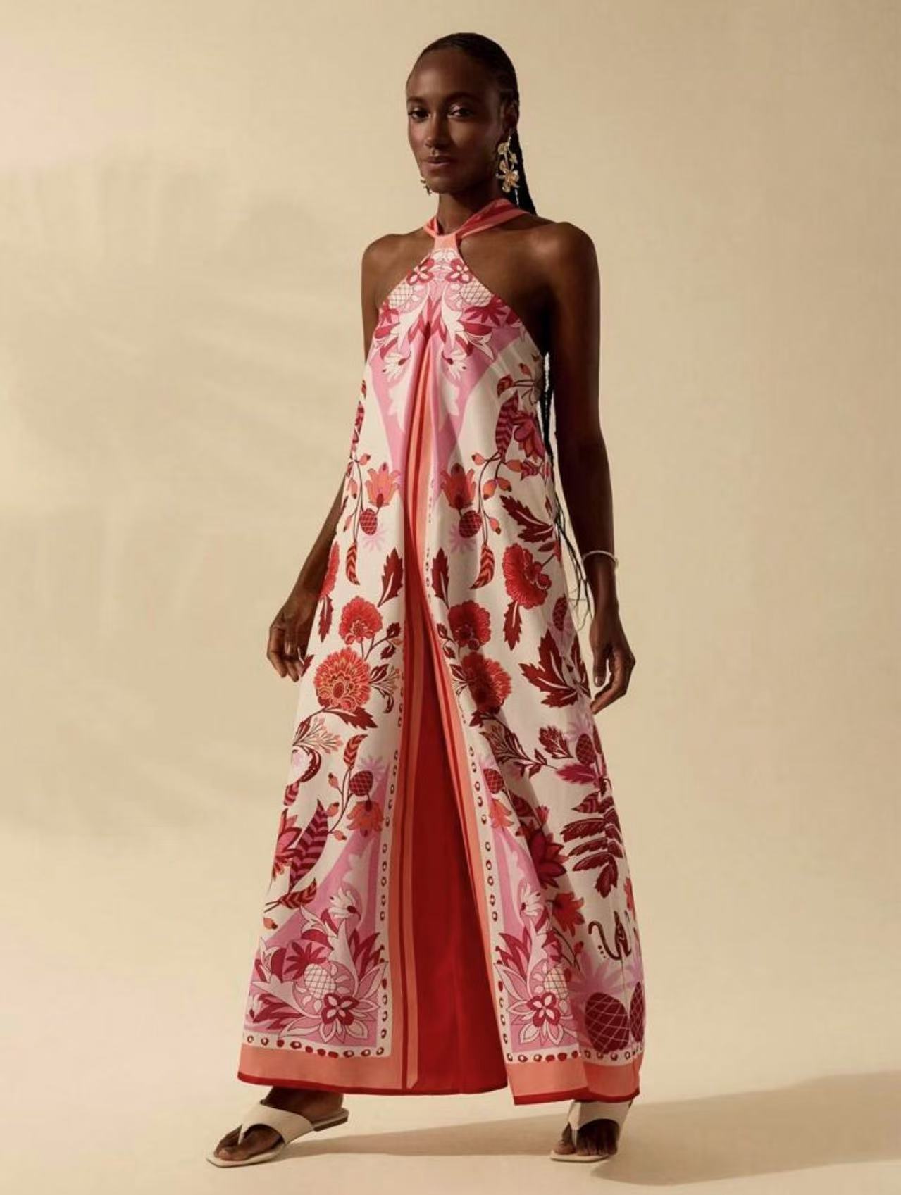 Women Printed Chic Halter Neck Sleeveless Wide-Leg Jumpsuit