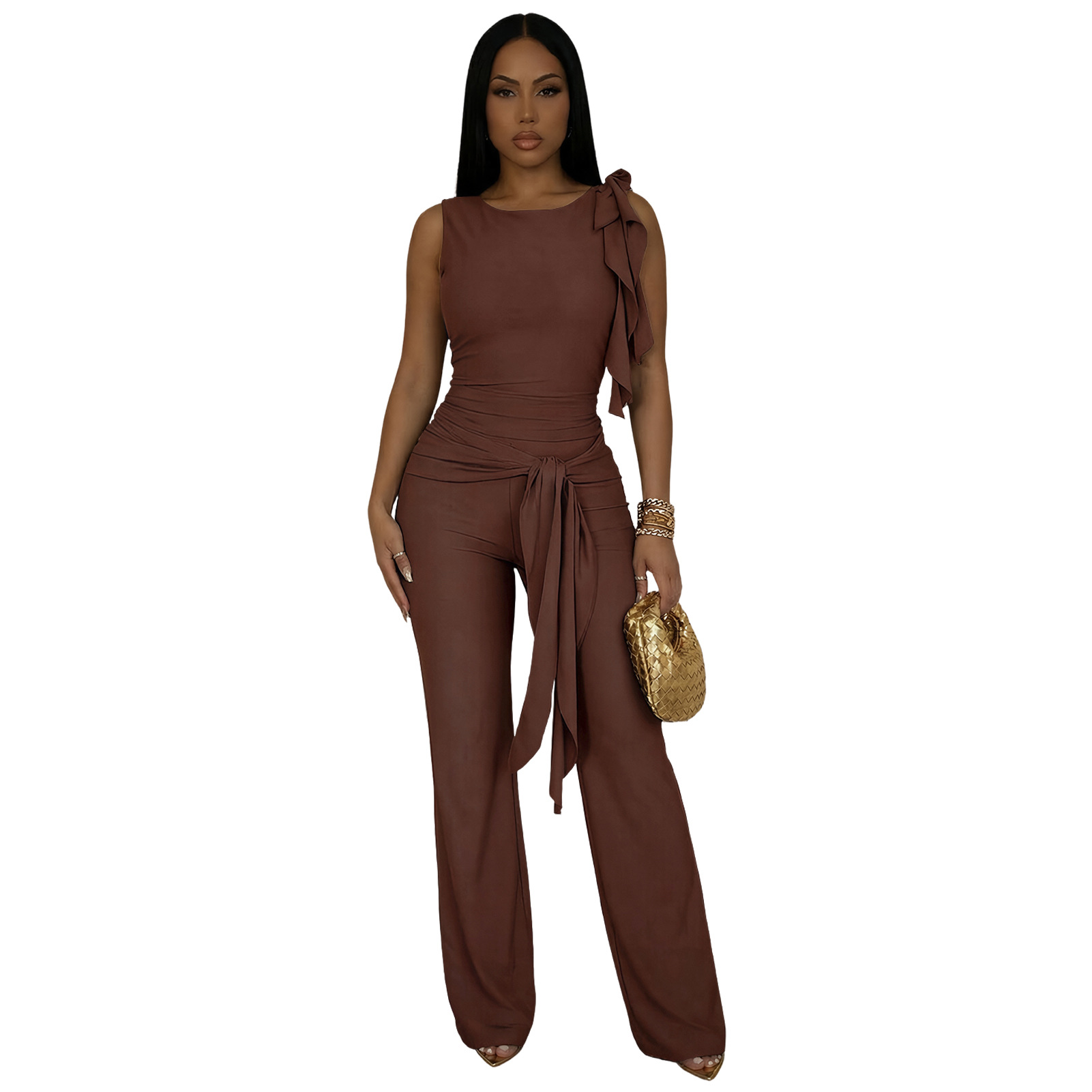Lace-Up Ruffle Ruched Tank & Bell-Bottom Pants Set