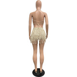 Summer Women Knitted Crochet Tassel Lace-Up Cutout Strap Sexy Skirt Set
