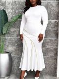 Plus Size Women White Long-Sleeve Colorblock Slim-Waist Mermaid Dress
