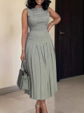 Women Summer Sleeveless High-Waist Ruched Slim Solid Maxi Dress