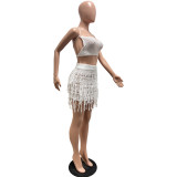 Summer Women Knitted Crochet Tassel Lace-Up Cutout Strap Sexy Skirt Set