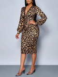 Women Leopard Print Long-Sleeve Slash V-Neck Dress