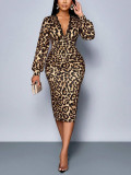 Women Leopard Print Long-Sleeve Slash V-Neck Dress