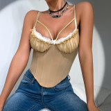 Women See-Through Mesh Patchwork Lace Low-Back Corset-Style Cami Top
