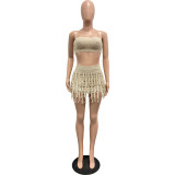 Summer Women Knitted Crochet Tassel Lace-Up Cutout Strap Sexy Skirt Set