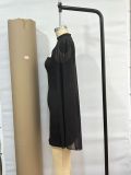Women Round Neck Ribbed Pearl Chiffon Cape Bodycon Dress