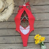 Women Solid Cutout Cross Lace-Up One-Piece Bikini