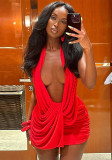 Women spring long-sleeved V-neck halter-neck backless sexy bodycon dress