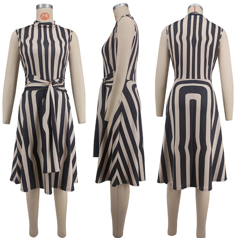 Women Turtleneck Striped Print Sleeveless Dress