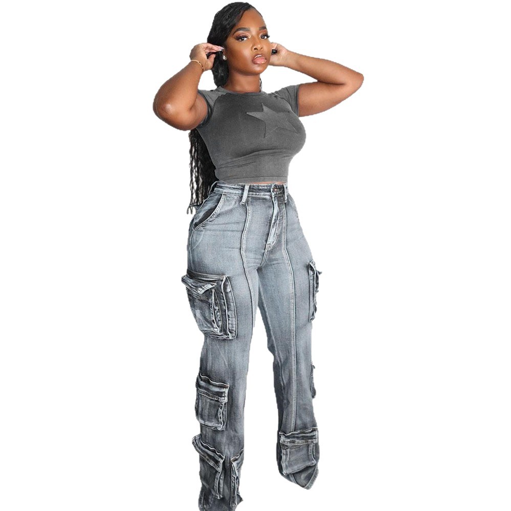 Women pocket denim casual pants