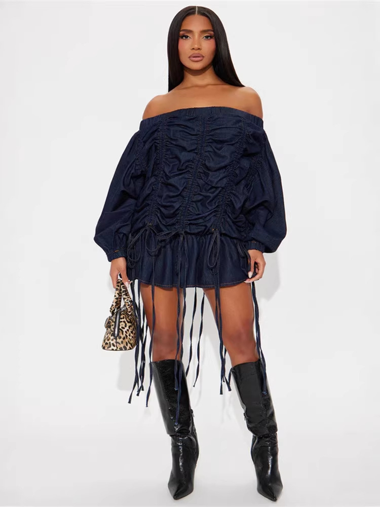 Women off-shoulder drawstring long-sleeved denim mini Dress