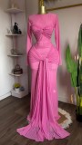 Women's Spring Solid Color Long Sleeve Round Neck Tight Fitting Long Dress