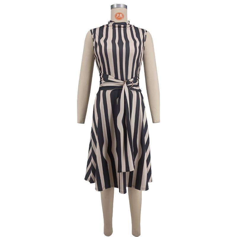 Women Turtleneck Striped Print Sleeveless Dress