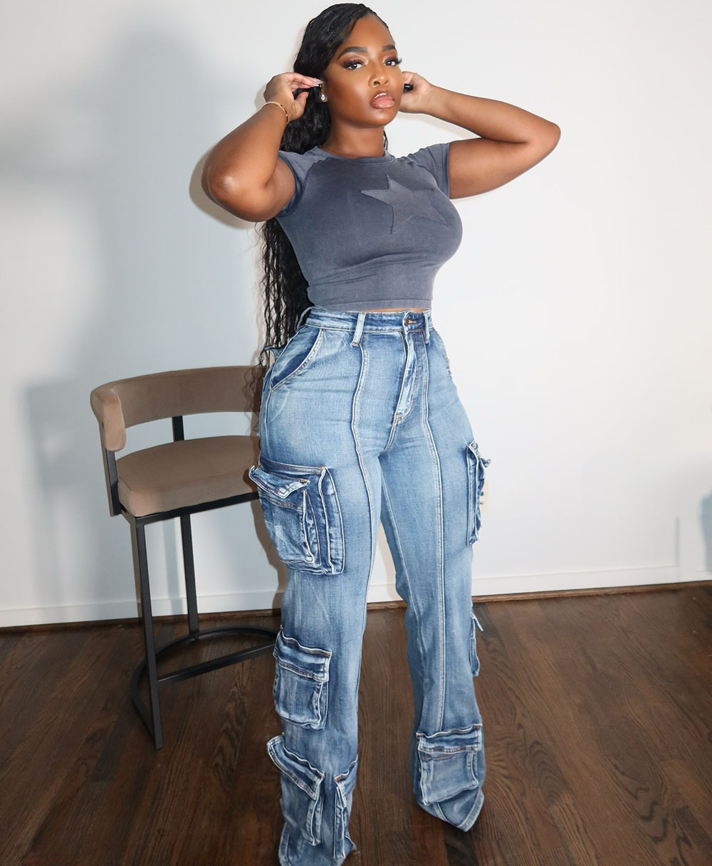 Women pocket denim casual pants