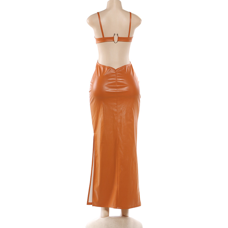 Women Spring Button-Up Sexy V-Neck Leather Bodycon Dress