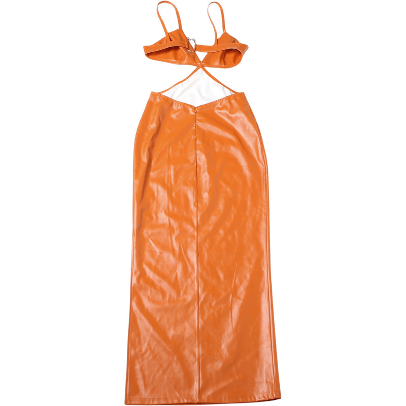 Women Spring Button-Up Sexy V-Neck Leather Bodycon Dress