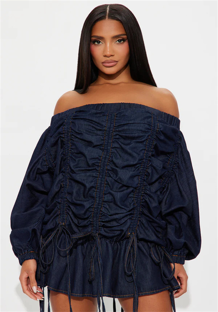 Women off-shoulder drawstring long-sleeved denim mini Dress