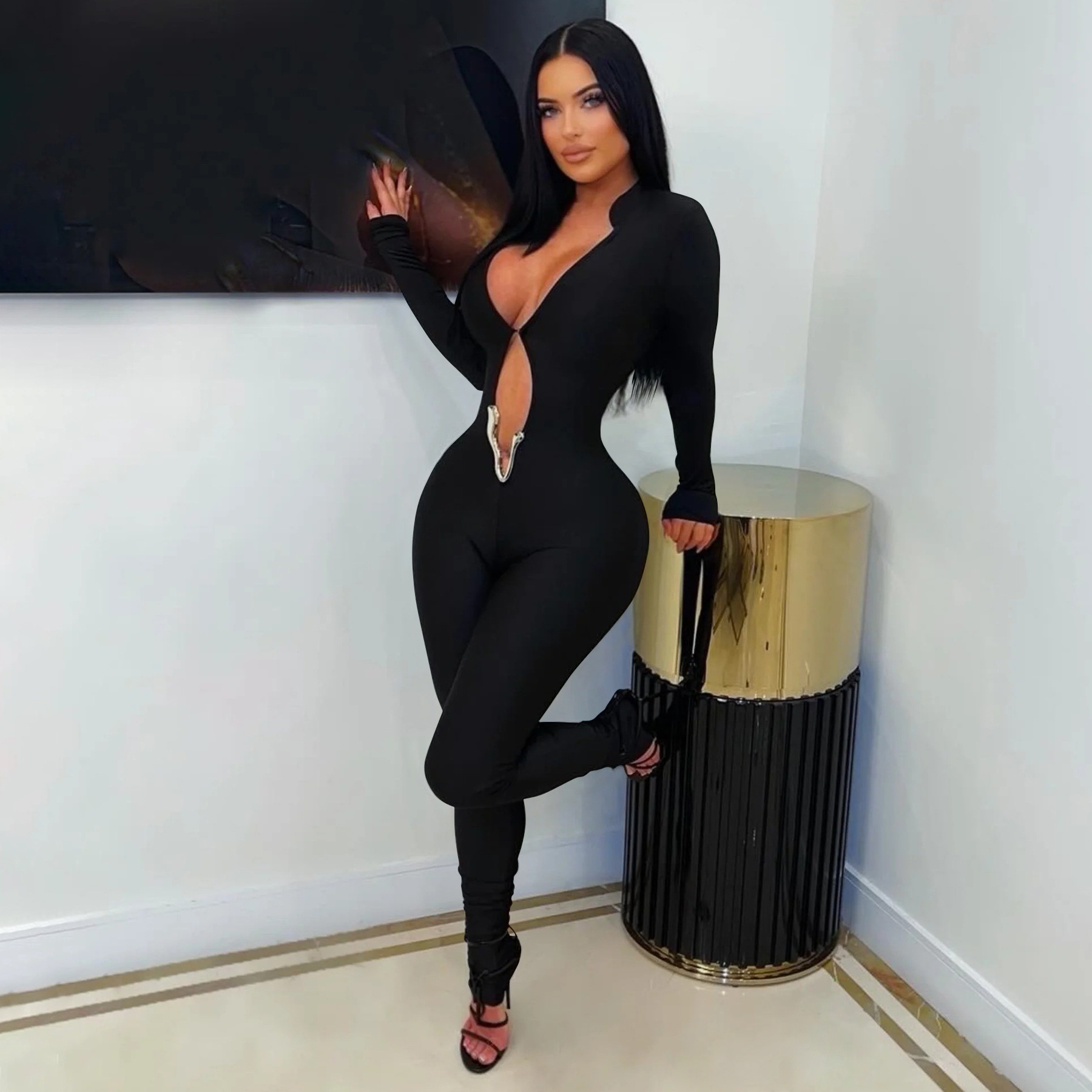 Women sexy V-neck long-sleeved jumpsuit