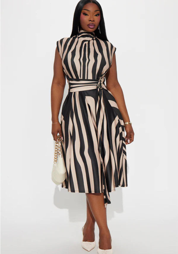 Women Turtleneck Striped Print Sleeveless Dress