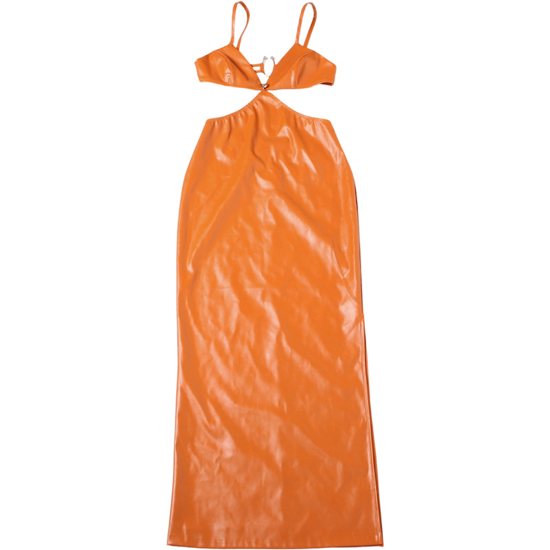 Women Spring Button-Up Sexy V-Neck Leather Bodycon Dress