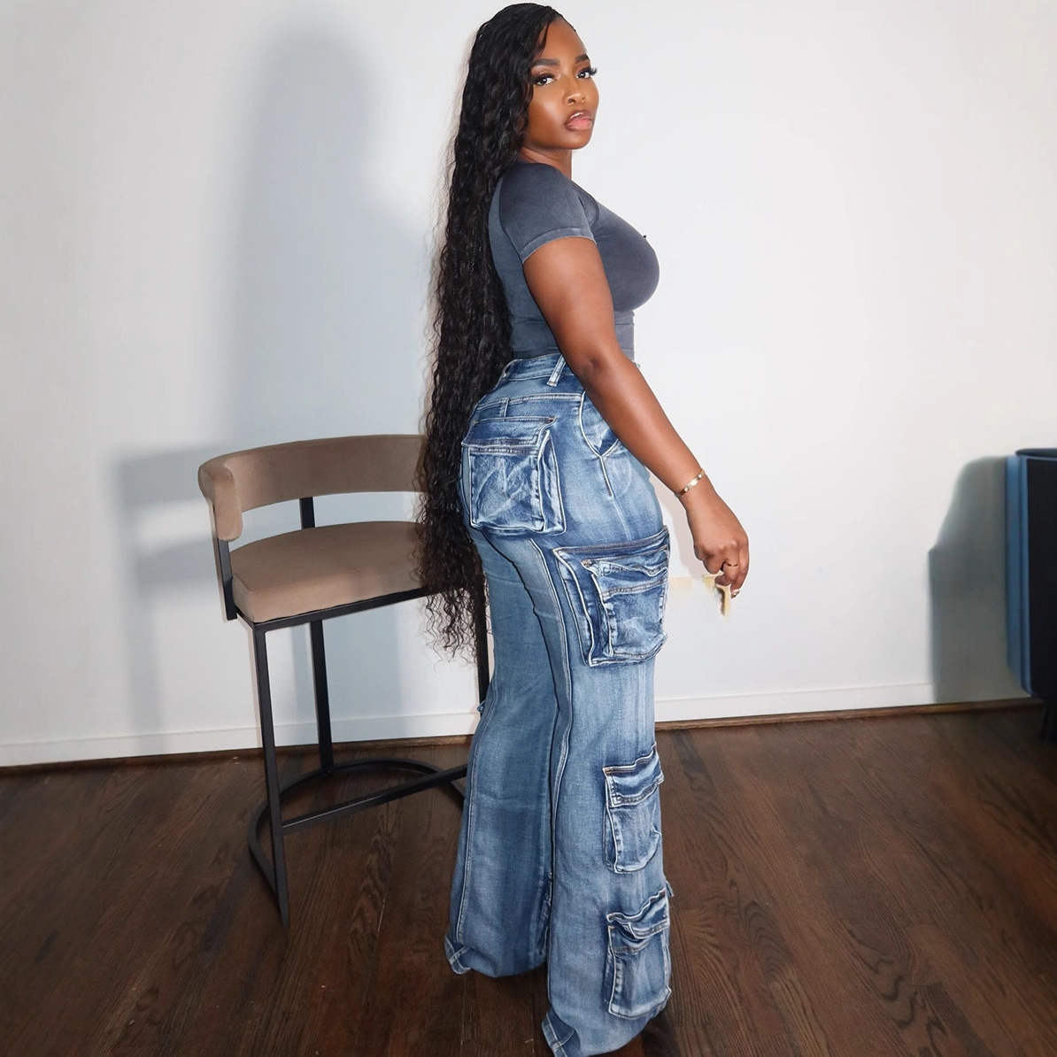 Women pocket denim casual pants