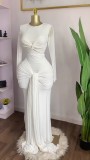 Women's Spring Solid Color Long Sleeve Round Neck Tight Fitting Long Dress