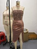 Women's Autumn Winter Chic Strapless Sequin Solid Slit Evening Gown