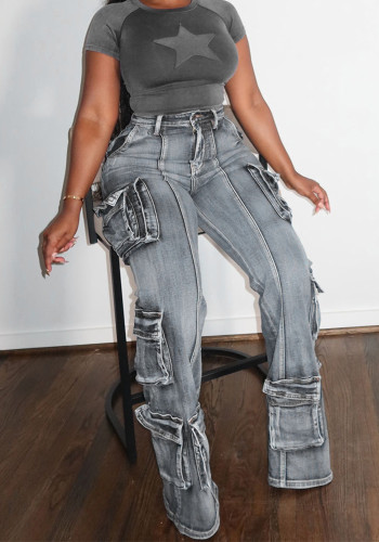 Women pocket denim casual pants
