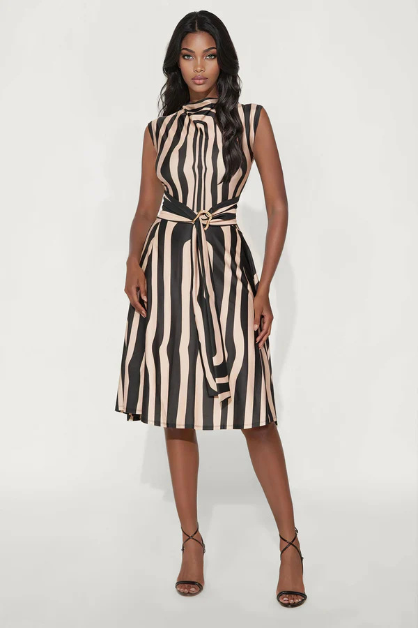 Women Turtleneck Striped Print Sleeveless Dress