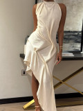 Women Summer Knitting Pleated Irregular Sexy Maxi Dress