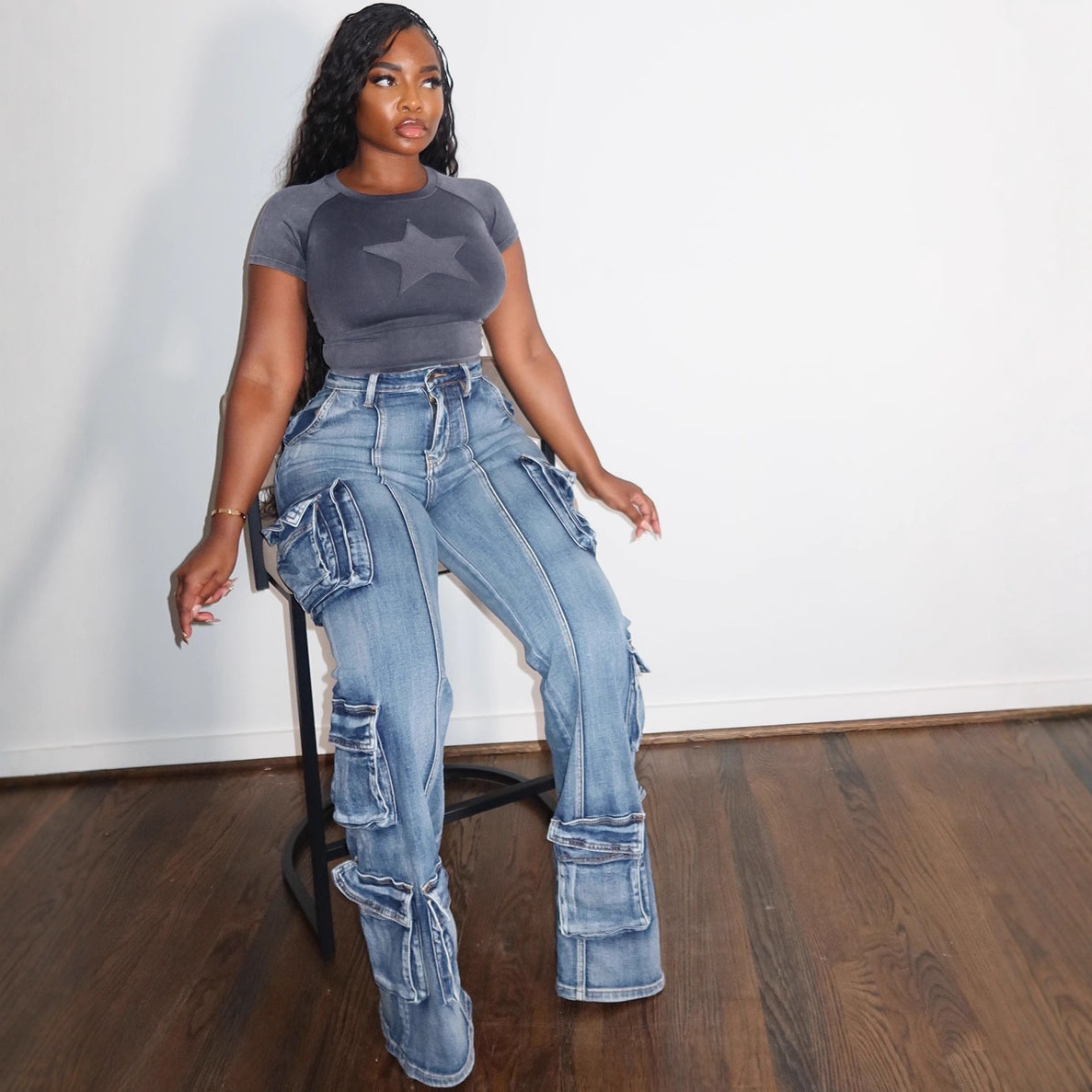 Women pocket denim casual pants