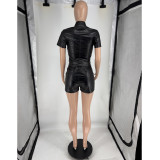 Women Stand Collar Two-Way Zipper Short-Sleeve Top and Shorts Two-Piece Set