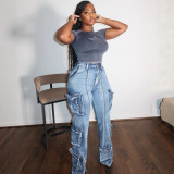 Women pocket denim casual pants