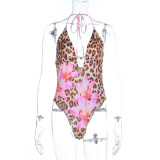 Women Casual Holidays Sexy V-Neck Halter Neck Backless One-Piece Swimsuit