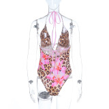 Women Casual Holidays Sexy V-Neck Halter Neck Backless One-Piece Swimsuit