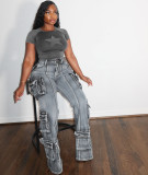 Women pocket denim casual pants