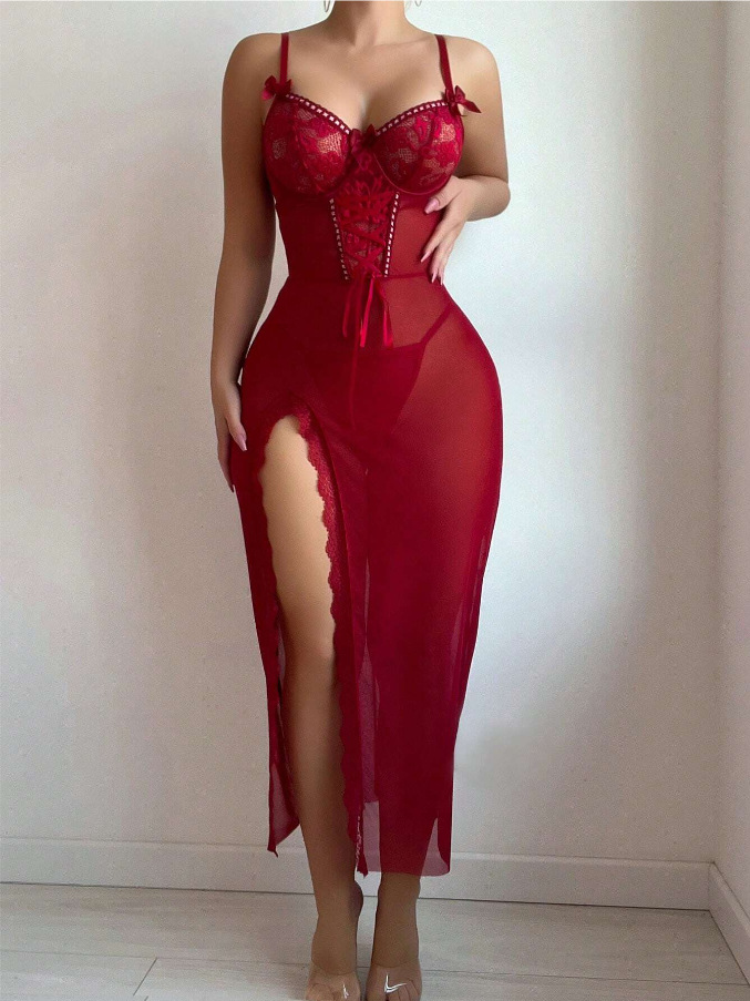 Women sexy lace see-through bodysuit/lingerie two-piece set