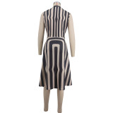 Women Turtleneck Striped Print Sleeveless Dress