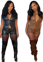 Women Stand Collar Two-Way Zipper Short-Sleeve Top and Shorts Two-Piece Set Women Stand Collar Two-Way Zipper Short-Sleeve Top and Shorts Two-Piece Set