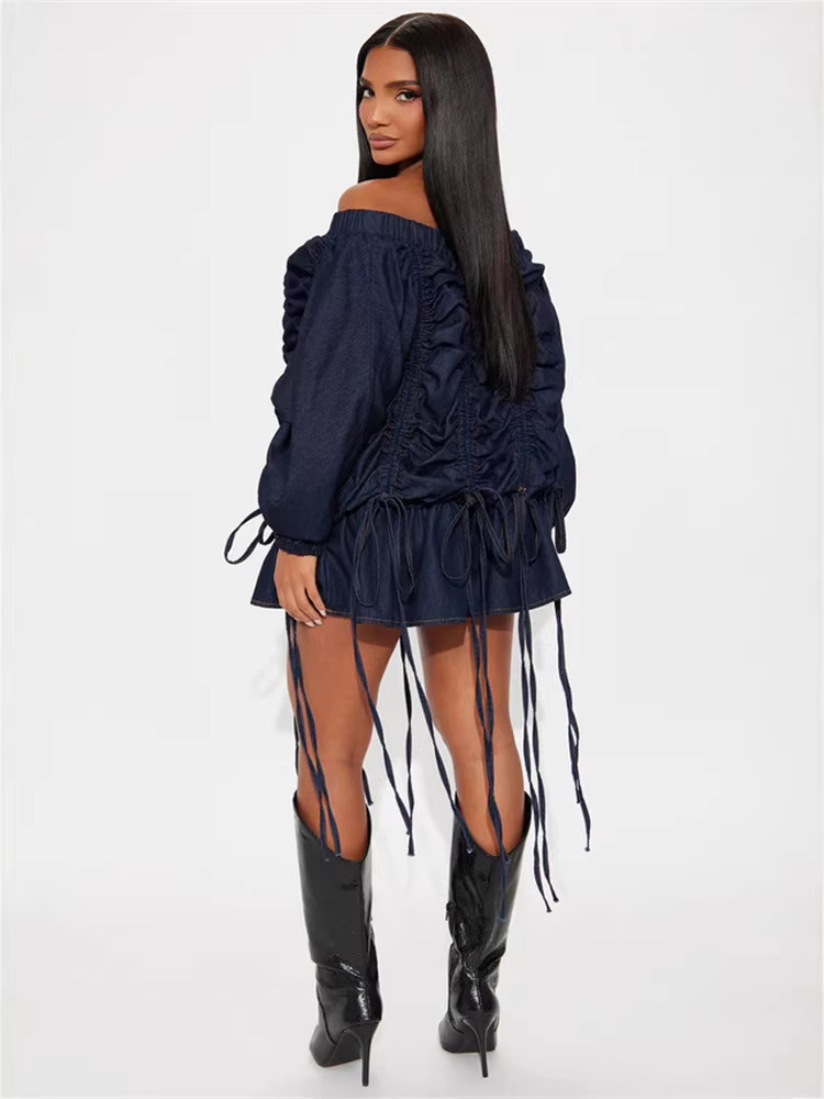 Women off-shoulder drawstring long-sleeved denim mini Dress