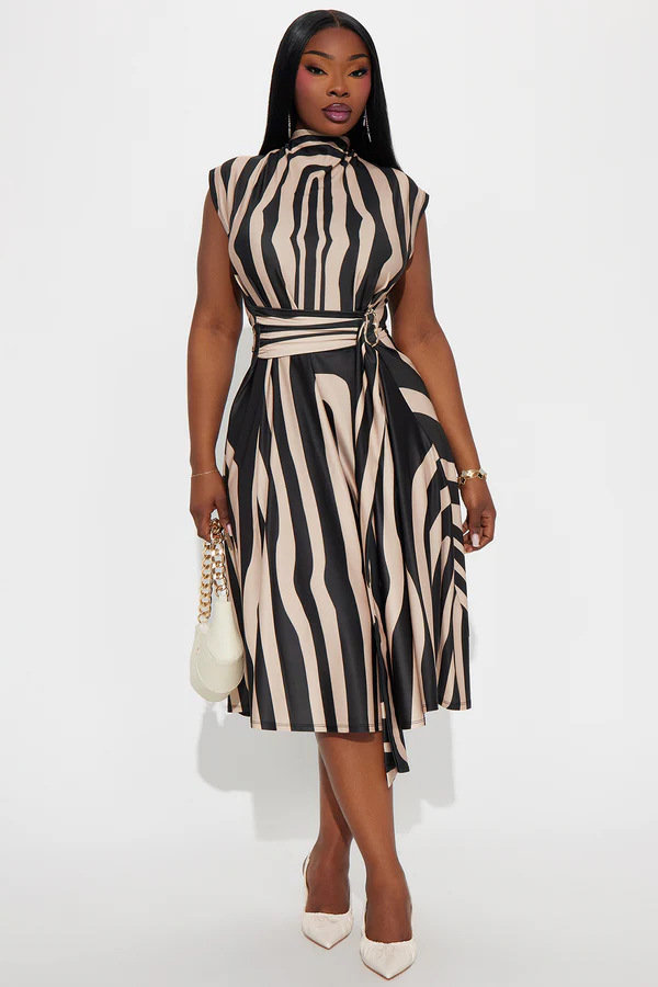 Women Turtleneck Striped Print Sleeveless Dress