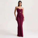 Spring Women Strapless Ruched Slim Waist Elegant Formal Long Dress