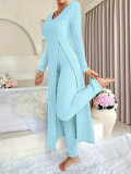 Spring Women Round Neck Long Sleeve Slit Two Piece Pants Set