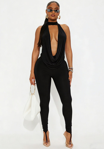 Women Halter Neck Low Back Lace-Up Cowl Neck Top & Pants Two Piece Set