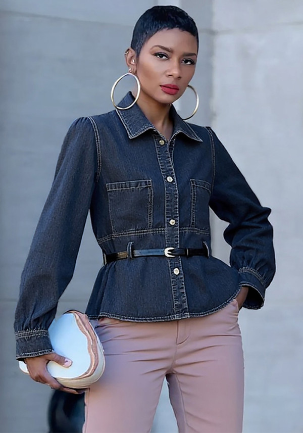 Women Washed Denim Belted Shirt with Double Pockets