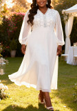 Plus Size Women White Lace Patchwork Chiffon V-Neck Lantern Sleeve Wedding Dress