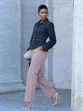 Women Washed Denim Belted Shirt with Double Pockets