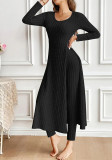 Spring Women Round Neck Long Sleeve Slit Two Piece Pants Set