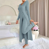 Spring Women Round Neck Long Sleeve Slit Two Piece Pants Set